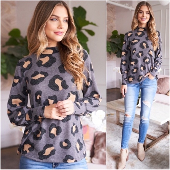 (29)New Women’s Gray Beige Black Leopard Print Comfy Fall Mock Neck Fall Top - Picture 1 of 3